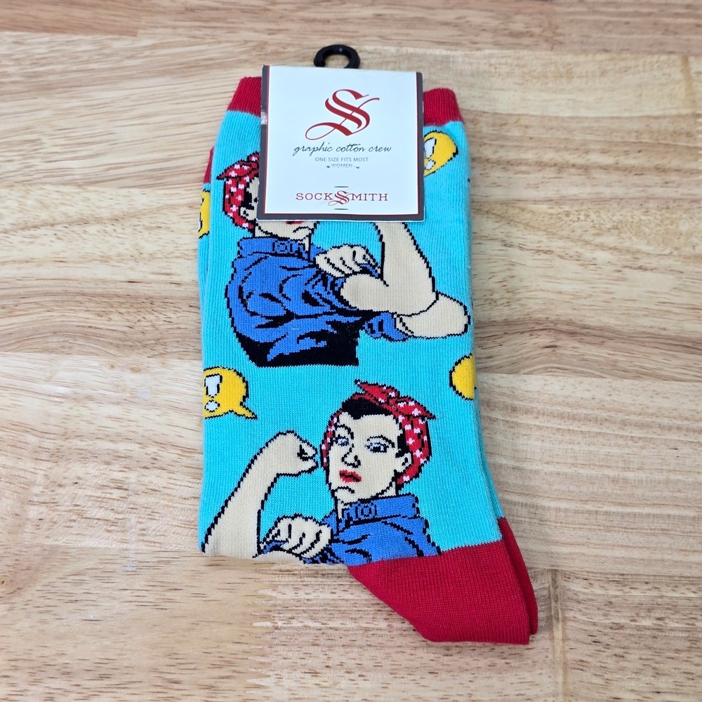 Socksmith Rosie the Riveter Graphic Cotton Crew Socks Women's Size 9-11 Blue Red